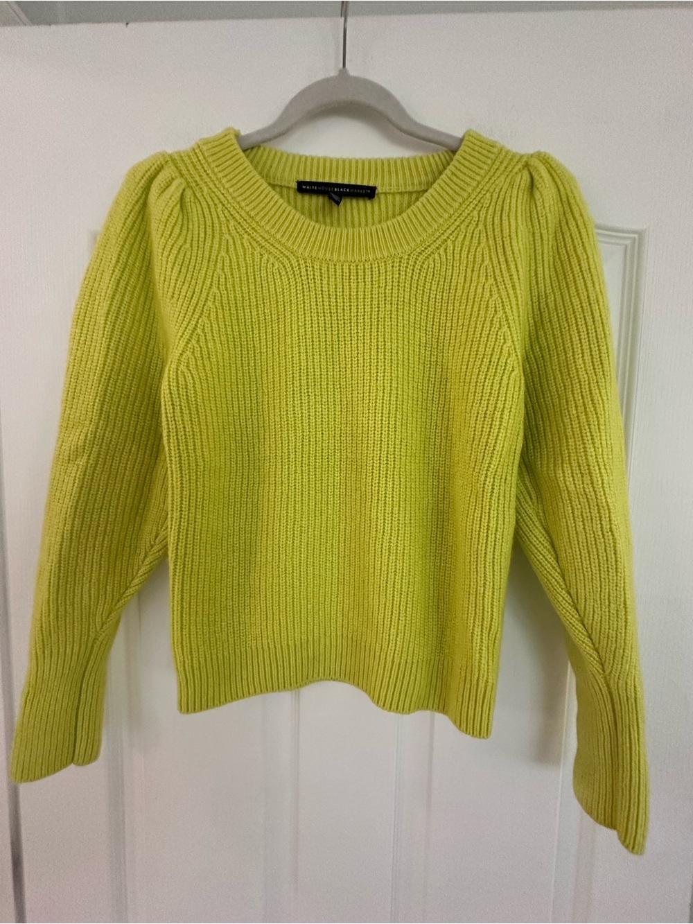 White House Black Market Neon Lime Puff Sleeve Ribbed Crew Sweater!